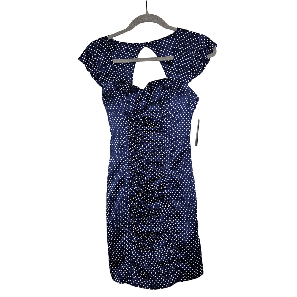 GUESS NWT Navy Blue White Polka‎ Dot Ruched Sheath Dress 2 Pinup Retro Coquette